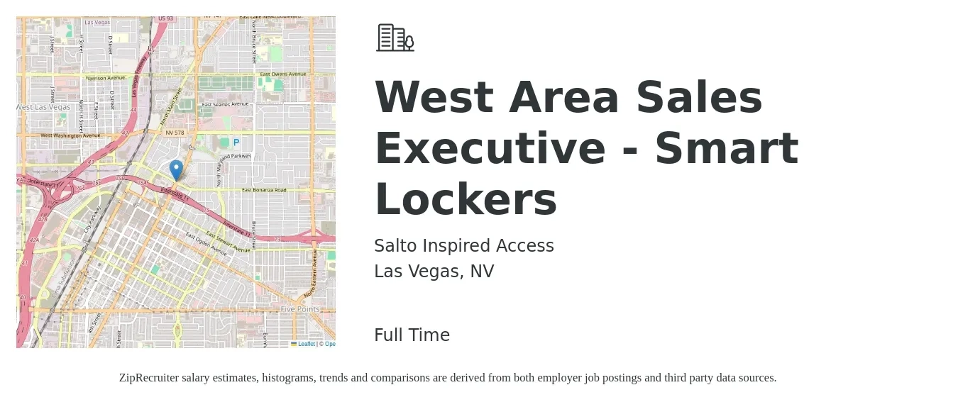 Salto Inspired Access job posting for a West Area Sales Executive - Smart Lockers in Las Vegas, NV with a salary of $62,100 to $116,000 Yearly with a map of Las Vegas location.