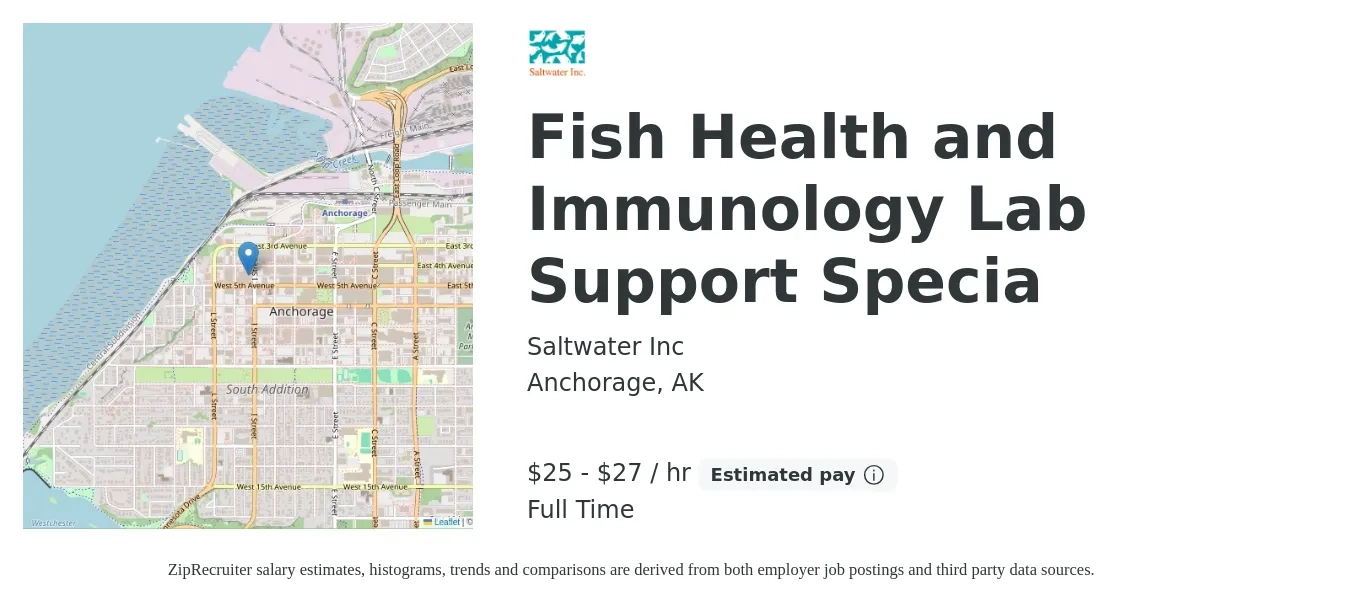 Saltwater Inc job posting for a Fish Health and Immunology Lab Support Specia in Anchorage, AK with a salary of $26 to $29 Hourly with a map of Anchorage location.