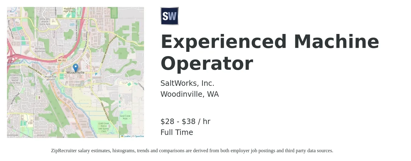SaltWorks, Inc. job posting for a Experienced Machine Operator in Woodinville, WA with a salary of $30 to $40 Hourly with a map of Woodinville location.