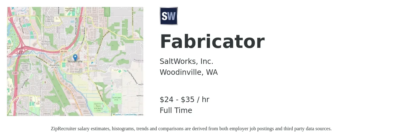 SaltWorks, Inc. job posting for a Fabricator in Woodinville, WA with a salary of $25 to $37 Hourly with a map of Woodinville location.