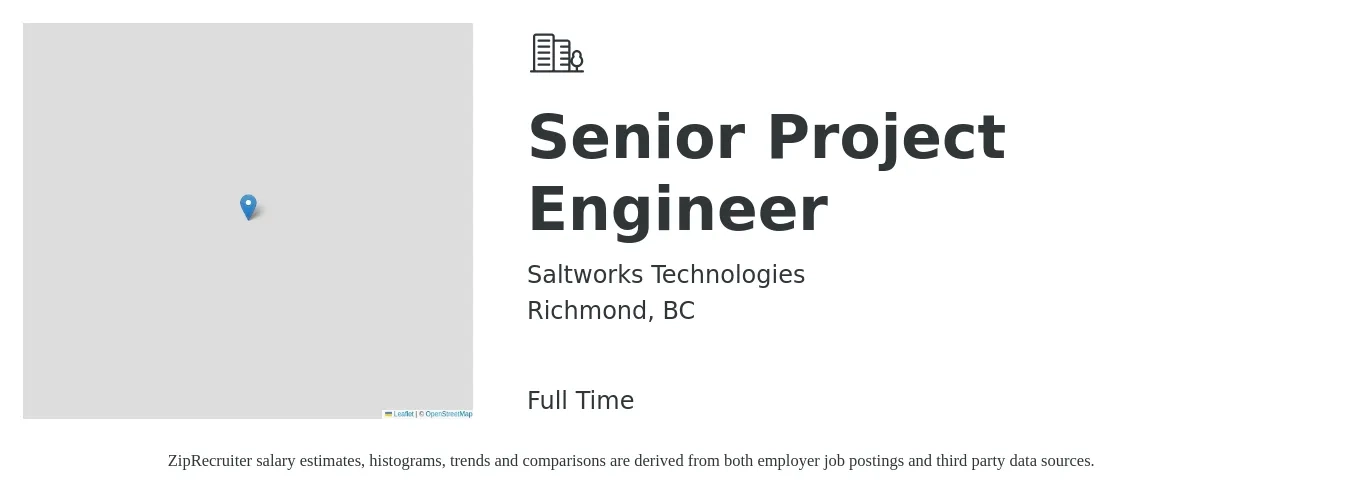 Saltworks Technologies job posting for a Senior Project Engineer in Richmond, BC with a map of Richmond location.