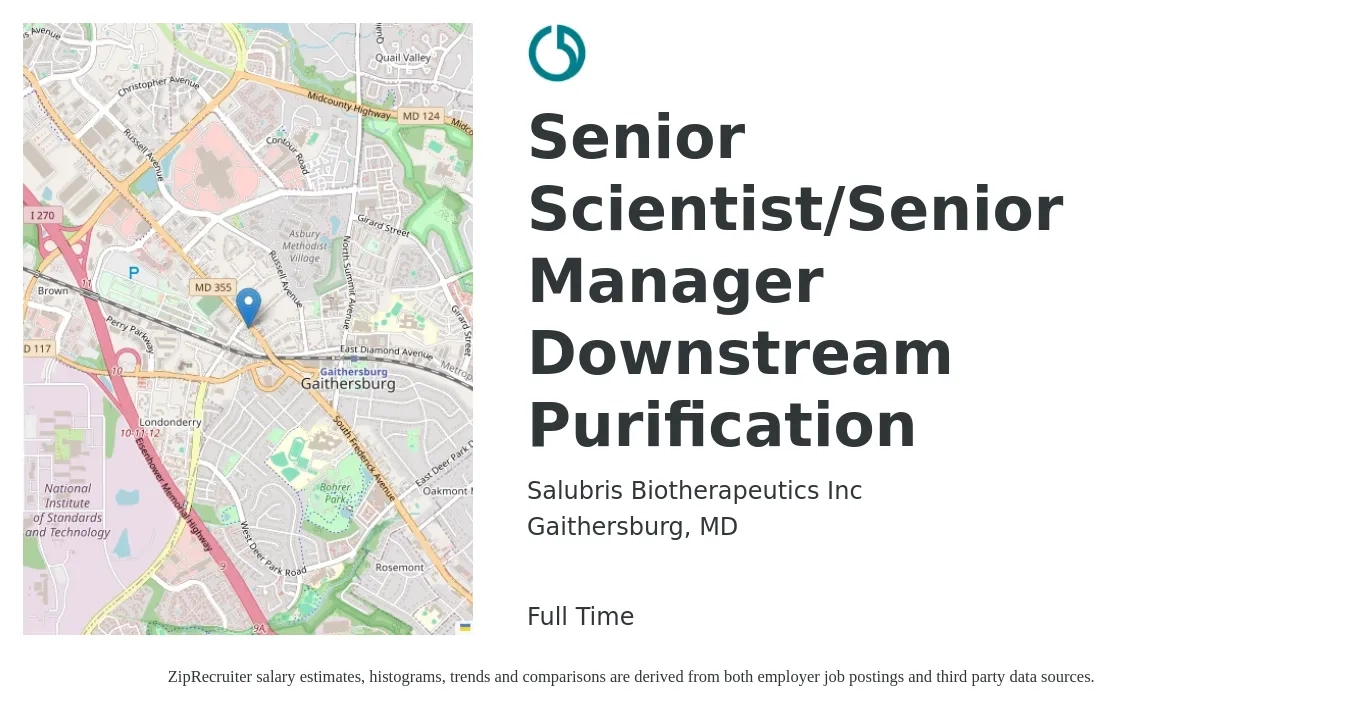 Salubris Biotherapeutics Inc job posting for a Senior Scientist/Senior Manager Downstream Purification in Gaithersburg, MD with a salary of $98,900 to $135,100 Yearly with a map of Gaithersburg location.