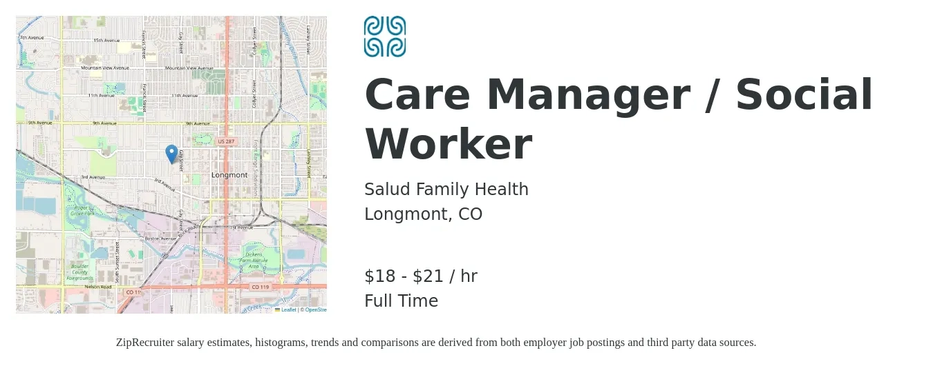 Salud Family Health job posting for a Care Manager / Social Worker in Longmont, CO with a salary of $19 to $22 Hourly with a map of Longmont location.