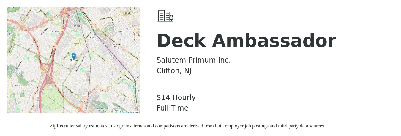 Salutem Primum Inc. job posting for a Deck Ambassador in Clifton, NJ with a salary of $16 Hourly with a map of Clifton location.