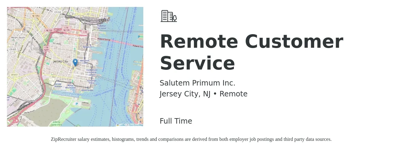 Salutem Primum Inc. job posting for a Remote Customer Service in Jersey City, NJ with a salary of $18 to $24 Hourly with a map of Jersey City location.