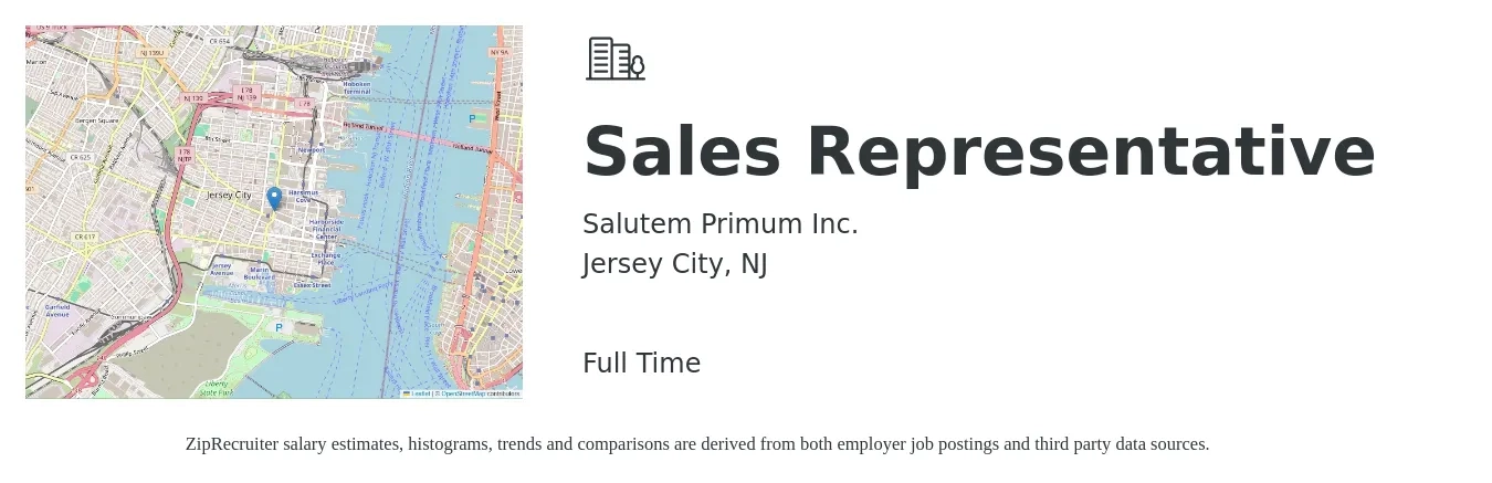 Salutem Primum Inc. job posting for a Sales Representative in Jersey City, NJ with a salary of $58,600 to $101,800 Yearly with a map of Jersey City location.