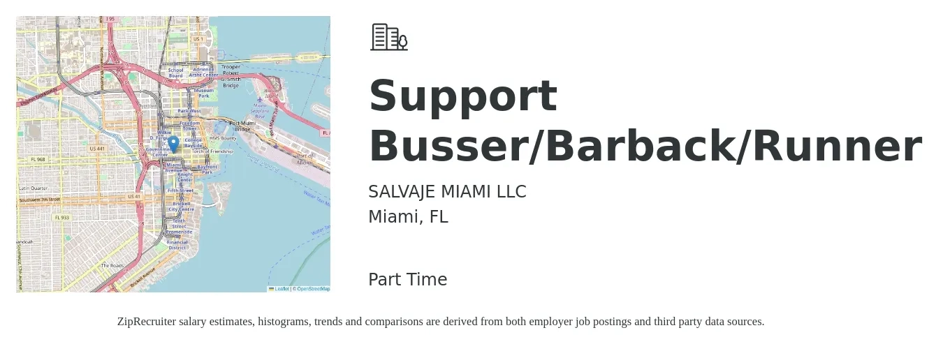 SALVAJE MIAMI LLC job posting for a Support Busser/Barback/Runner in Miami, FL with a salary of $10 to $14 Hourly with a map of Miami location.