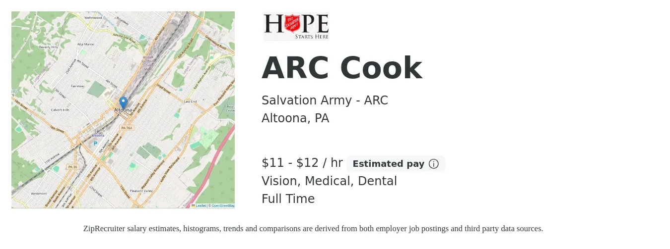Salvation Army - ARC job posting for a ARC Cook in Altoona, PA with a salary of $12 to $13 Hourly and benefits including retirement, vision, dental, life_insurance, medical, and pto with a map of Altoona location.