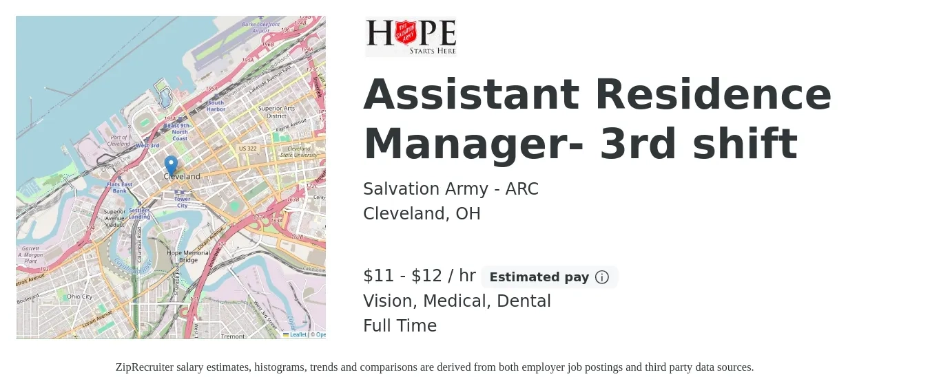 Salvation Army - ARC job posting for a Assistant Residence Manager- 3rd shift in Cleveland, OH with a salary of $12 to $13 Hourly and benefits including life_insurance, medical, pto, retirement, vision, and dental with a map of Cleveland location.