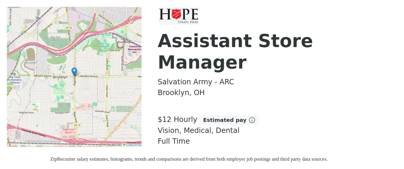 Salvation Army - ARC job posting for a Assistant Store Manager in Brooklyn, OH with a salary of $13 Hourly and benefits including dental, life_insurance, medical, and vision with a map of Brooklyn location.