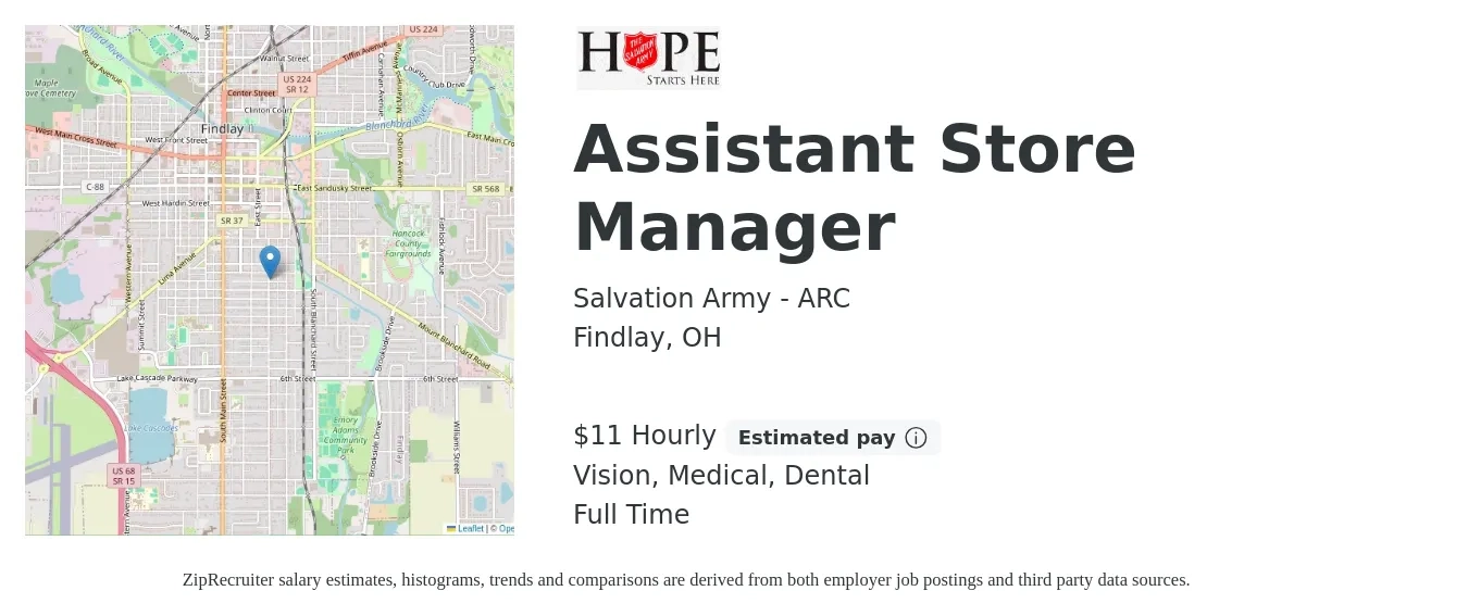 Salvation Army - ARC job posting for a Assistant Store Manager in Findlay, OH with a salary of $12 Hourly and benefits including medical, vision, dental, and life_insurance with a map of Findlay location.