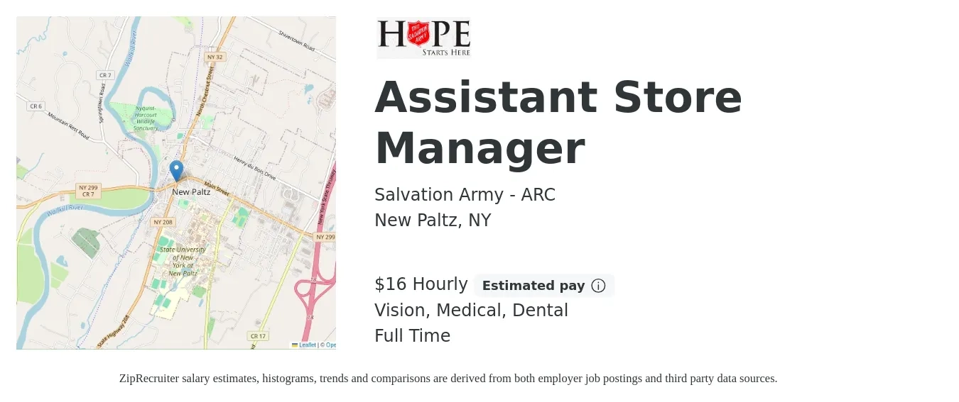 Salvation Army - ARC job posting for a Assistant Store Manager in New Paltz, NY with a salary of $17 Hourly and benefits including dental, life_insurance, medical, and vision with a map of New Paltz location.