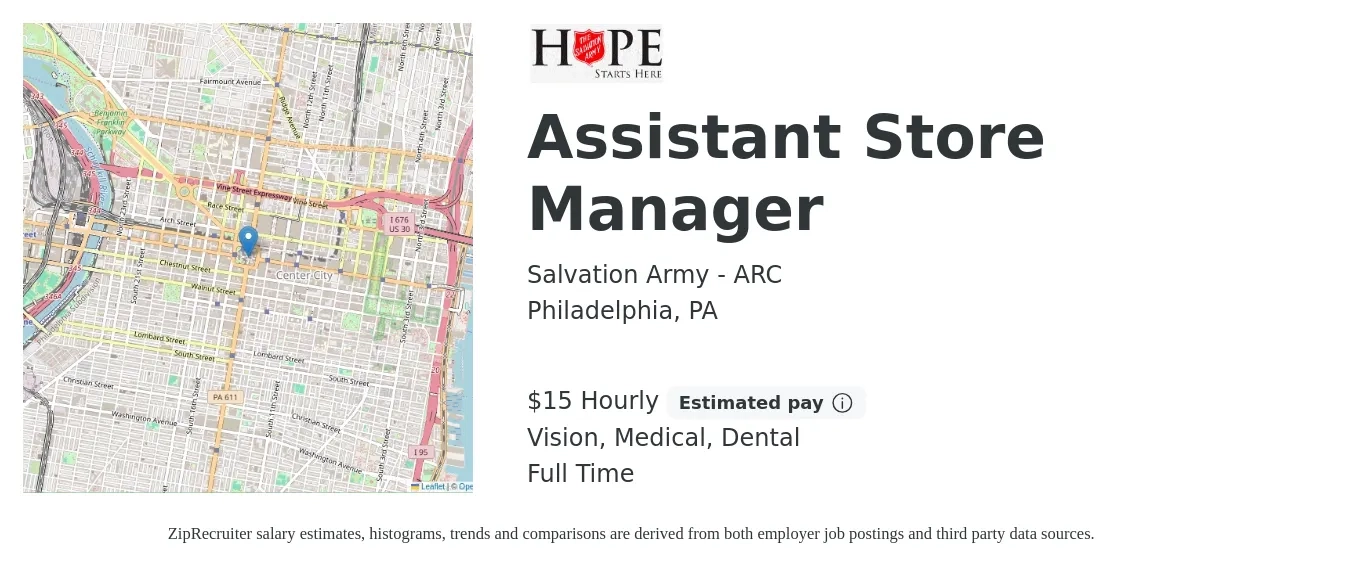 Salvation Army - ARC job posting for a Assistant Store Manager in Philadelphia, PA with a salary of $16 to $16 Hourly and benefits including dental, life_insurance, medical, and vision with a map of Philadelphia location.