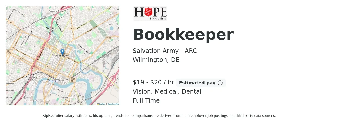 Salvation Army - ARC job posting for a Bookkeeper in Wilmington, DE with a salary of $20 to $21 Hourly and benefits including vision, dental, life_insurance, medical, and pto with a map of Wilmington location.