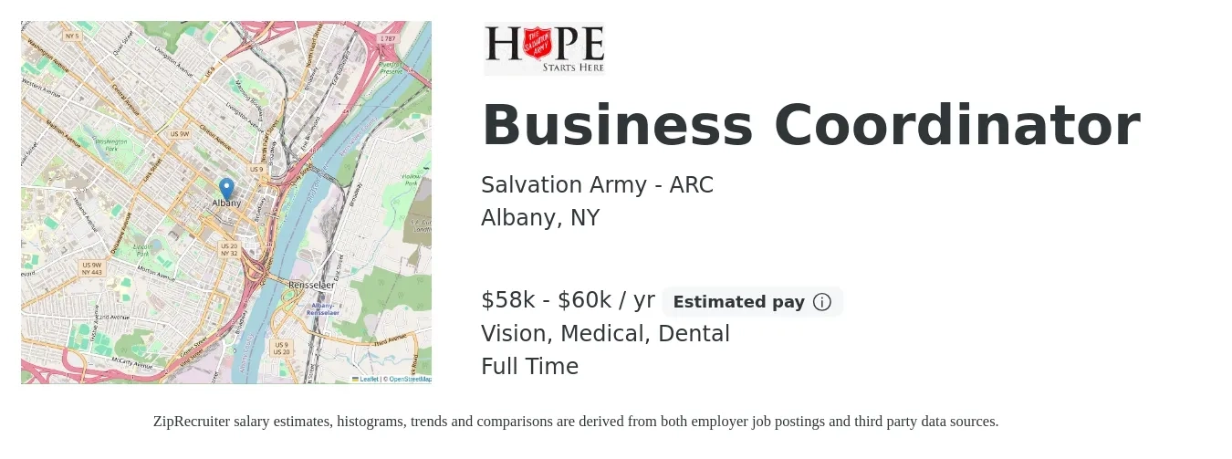 Salvation Army - ARC job posting for a Business Coordinator in Albany, NY with a salary of $58,000 to $60,000 Yearly and benefits including life_insurance, medical, vision, and dental with a map of Albany location.