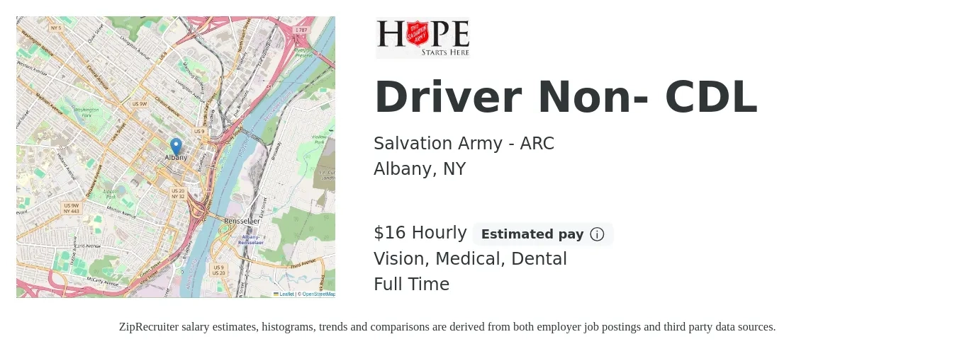 Salvation Army - ARC job posting for a Driver Non- CDL in Albany, NY with a salary of $17 to $18 Hourly and benefits including dental, life_insurance, medical, pto, and vision with a map of Albany location.