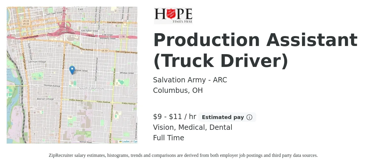 Salvation Army - ARC job posting for a Production Assistant (Truck Driver) in Columbus, OH with a salary of $10 to $12 Hourly and benefits including dental, life_insurance, medical, and vision with a map of Columbus location.