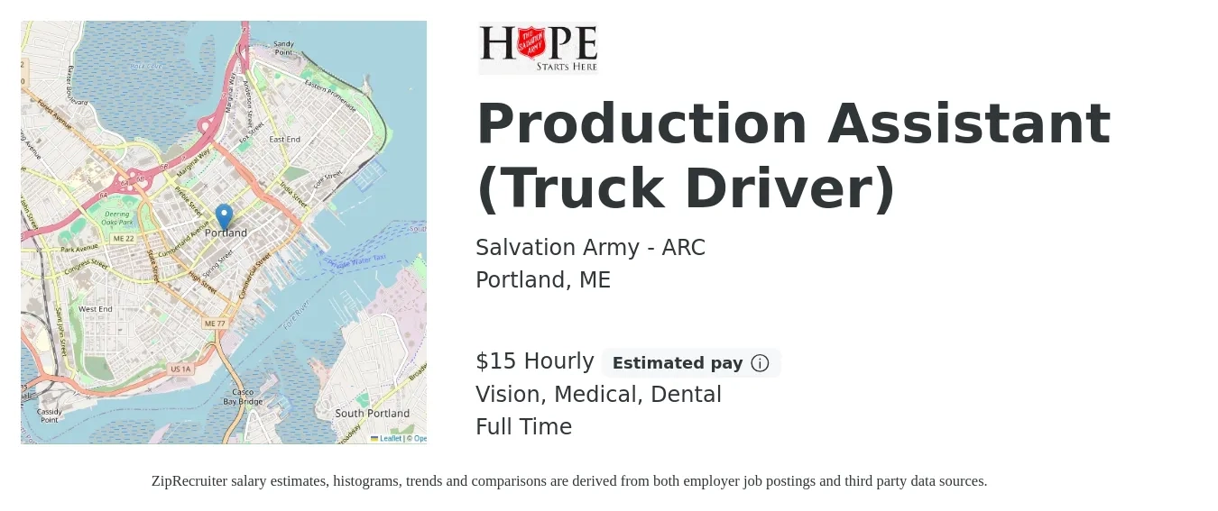 Salvation Army - ARC job posting for a Production Assistant (Truck Driver) in Portland, ME with a salary of $16 Hourly and benefits including medical, vision, dental, and life_insurance with a map of Portland location.
