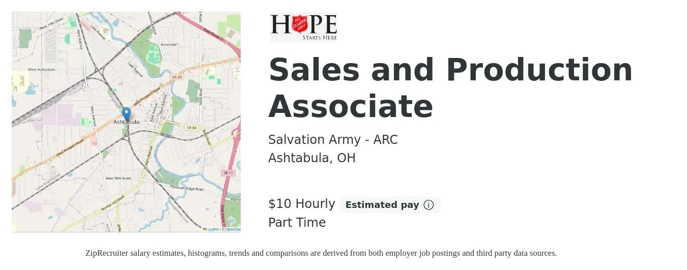 Salvation Army - ARC job posting for a Sales and Production Associate in Ashtabula, OH with a salary of $10 Hourly and benefits including life_insurance with a map of Ashtabula location.