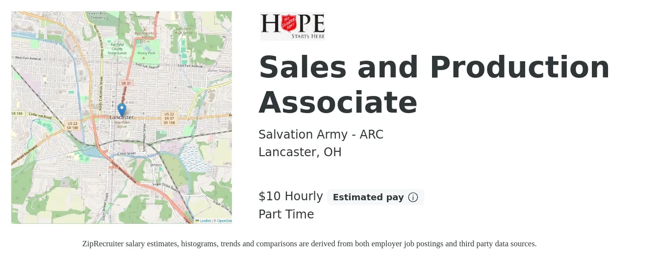 Salvation Army - ARC job posting for a Sales and Production Associate in Lancaster, OH with a salary of $10 Hourly and benefits including life_insurance with a map of Lancaster location.