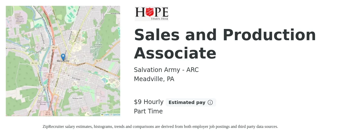 Salvation Army - ARC job posting for a Sales and Production Associate in Meadville, PA with a salary of $10 Hourly and benefits including life_insurance with a map of Meadville location.