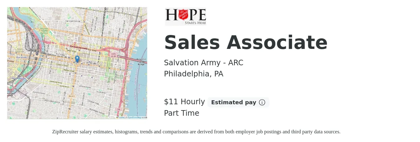 Salvation Army - ARC job posting for a Sales Associate in Philadelphia, PA with a salary of $12 Hourly with a map of Philadelphia location.