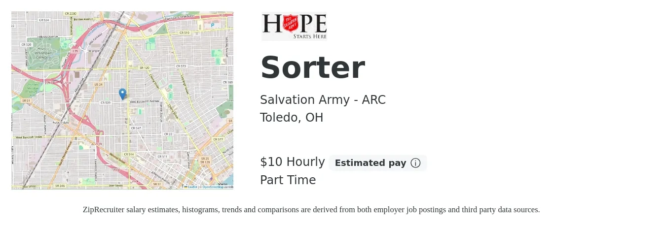 Salvation Army - ARC job posting for a Sorter in Toledo, OH with a salary of $10 Hourly and benefits including life_insurance with a map of Toledo location.