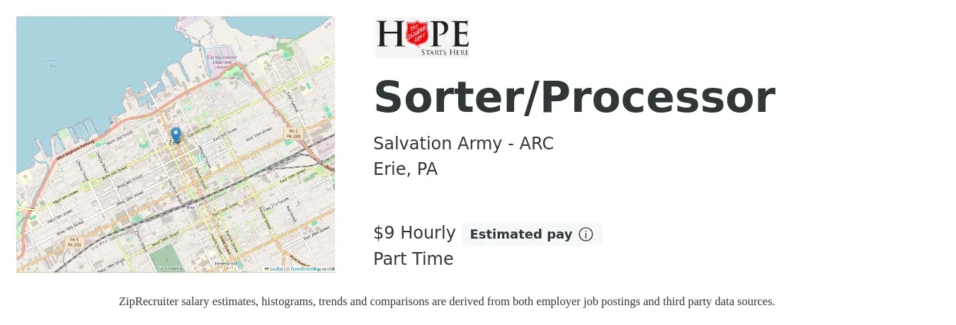 Salvation Army - ARC job posting for a Sorter/Processor in Erie, PA with a salary of $10 Hourly and benefits including life_insurance with a map of Erie location.