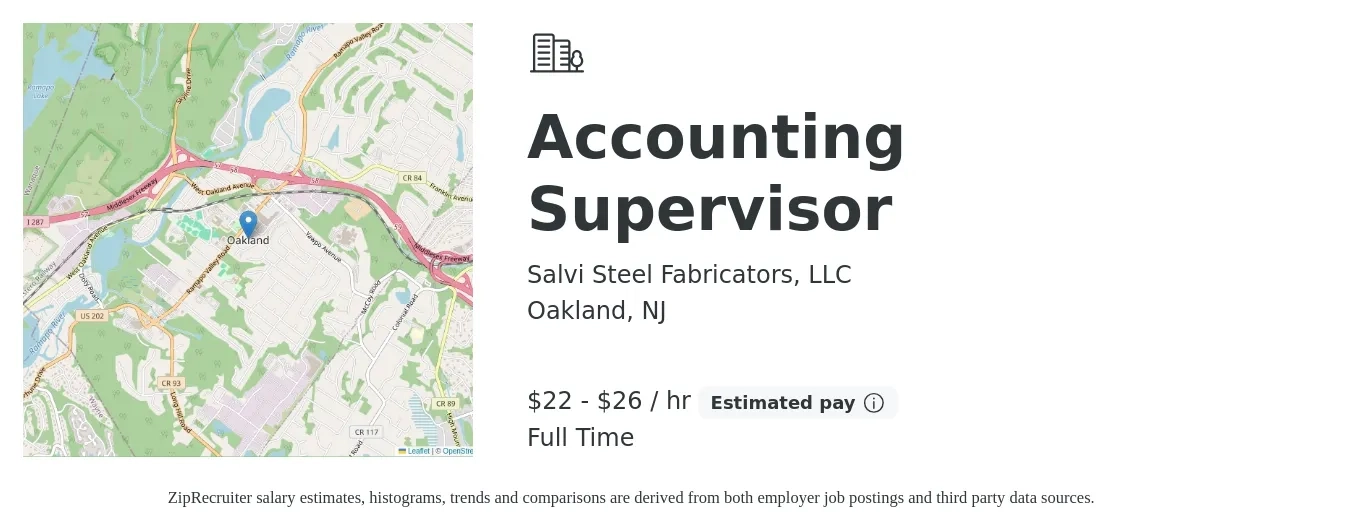 Salvi Steel Fabricators, LLC job posting for a Accounting Supervisor in Oakland, NJ with a salary of $23 to $28 Hourly with a map of Oakland location.