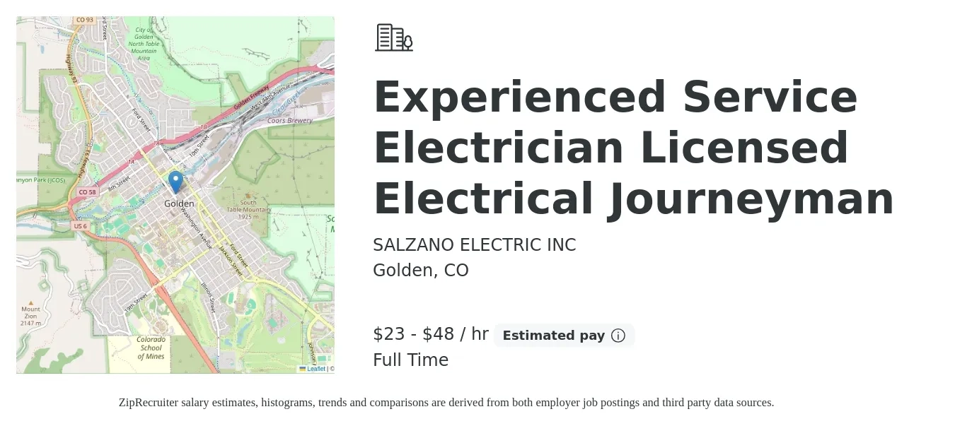 SALZANO ELECTRIC INC job posting for a Experienced Service Electrician Licensed Electrical Journeyman in Golden, CO with a salary of $24 to $50 Hourly with a map of Golden location.