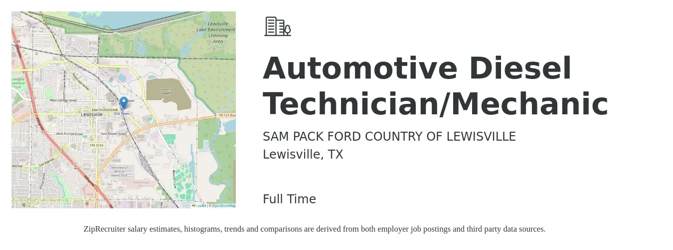 SAM PACK FORD COUNTRY OF LEWISVILLE job posting for a Automotive Diesel Technician/Mechanic in Lewisville, TX with a salary of $24 to $34 Hourly with a map of Lewisville location.