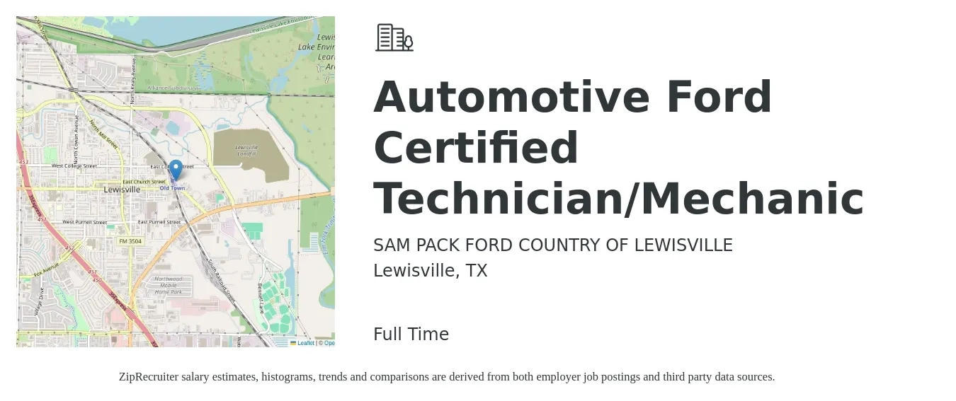 SAM PACK FORD COUNTRY OF LEWISVILLE job posting for a Automotive Ford Certified Technician/Mechanic in Lewisville, TX with a salary of $20 to $32 Hourly with a map of Lewisville location.