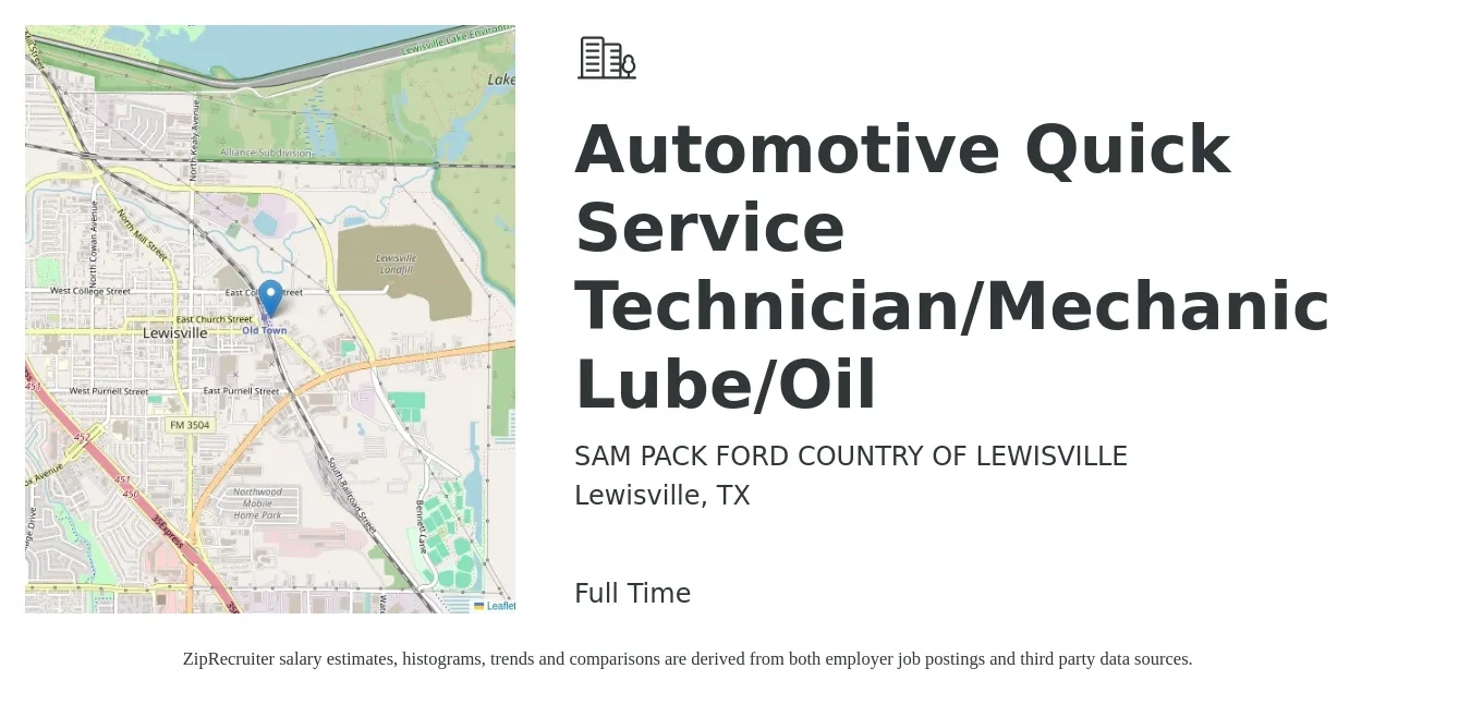 SAM PACK FORD COUNTRY OF LEWISVILLE job posting for a Automotive Quick Service Technician/Mechanic Lube/Oil in Lewisville, TX with a salary of $13 to $18 Hourly with a map of Lewisville location.