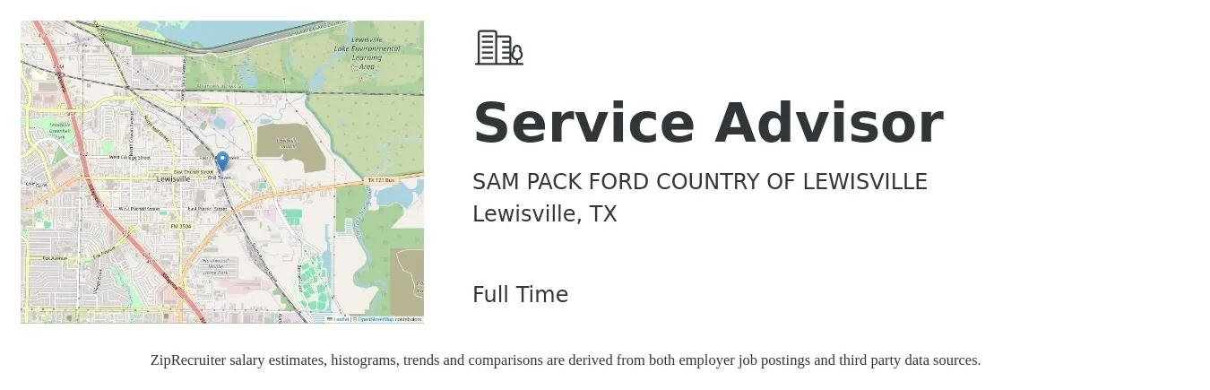 SAM PACK FORD COUNTRY OF LEWISVILLE job posting for a Service Advisor in Lewisville, TX with a salary of $18 to $28 Hourly with a map of Lewisville location.