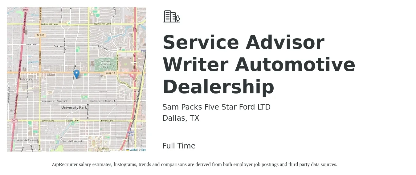 Sam Packs Five Star Ford LTD job posting for a Service Advisor Writer Automotive Dealership in Dallas, TX with a salary of $19 to $31 Hourly with a map of Dallas location.