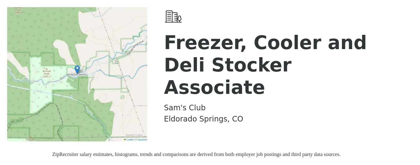 Sam's Club job posting for a Freezer, Cooler and Deli Stocker Associate in Eldorado Springs, CO with a salary of $19 to $26 Hourly with a map of Eldorado Springs location.