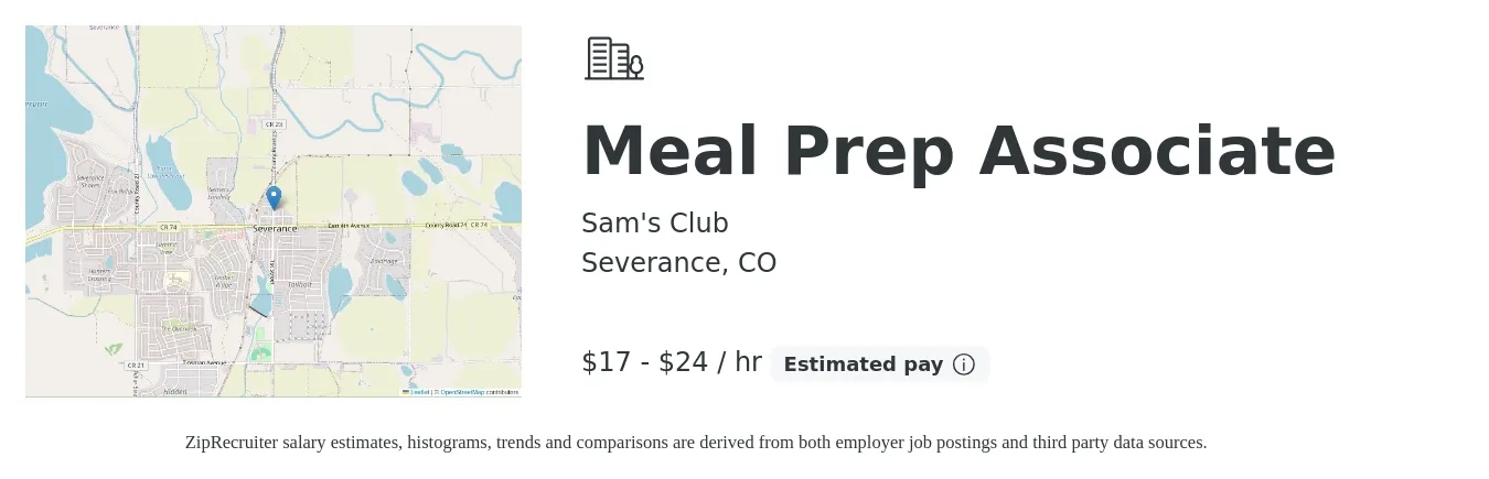 Sam's Club job posting for a Meal Prep Associate in Severance, CO with a salary of $18 to $25 Hourly with a map of Severance location.