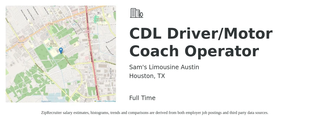 Sam's Limousine Austin job posting for a CDL Driver/Motor Coach Operator in Houston, TX with a salary of $28 Hourly with a map of Houston location.