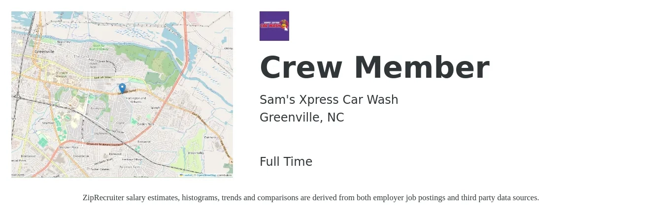 Sam's Xpress Car Wash job posting for a Crew Member in Greenville, NC with a salary of $12 to $15 Hourly with a map of Greenville location.