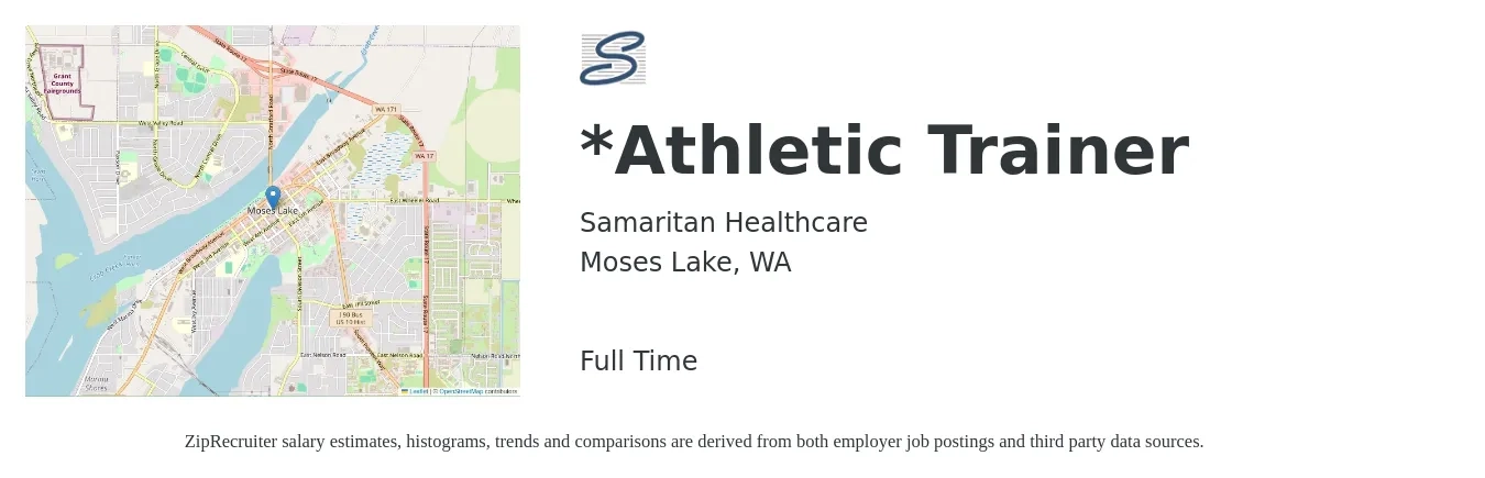 Samaritan Healthcare job posting for a *Athletic Trainer in Moses Lake, WA with a salary of $24 to $32 Hourly with a map of Moses Lake location.