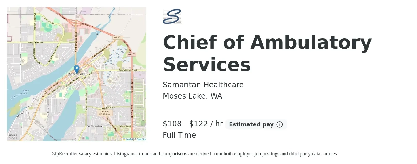 Samaritan Healthcare job posting for a Chief of Ambulatory Services in Moses Lake, WA with a salary of $97,000 to $152,200 Yearly with a map of Moses Lake location.