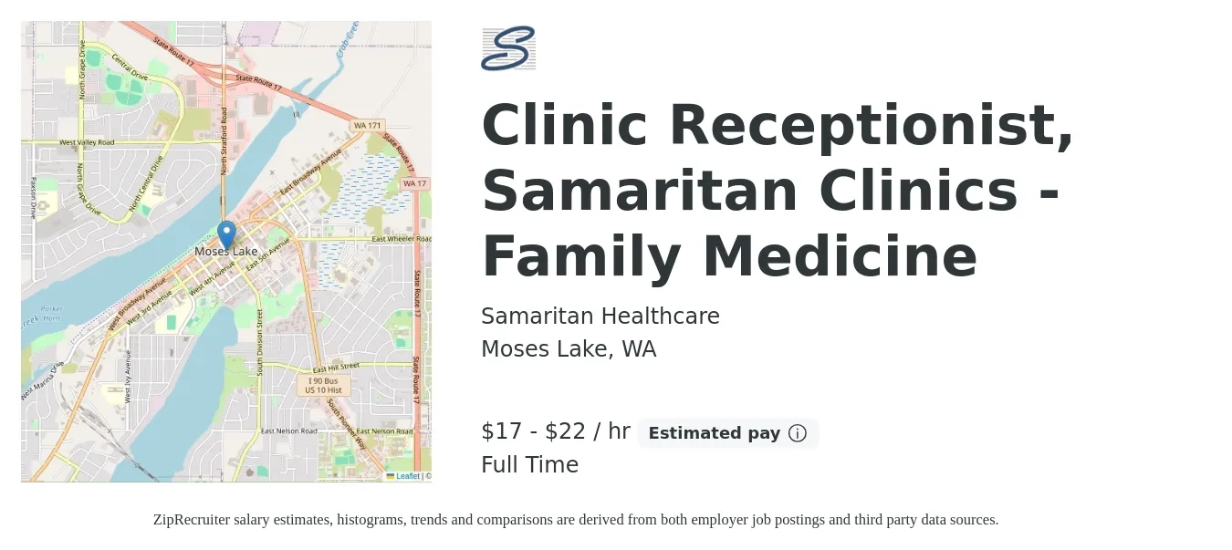 Samaritan Healthcare job posting for a Clinic Receptionist, Samaritan Clinics - Family Medicine in Moses Lake, WA with a salary of $17 to $21 Hourly with a map of Moses Lake location.