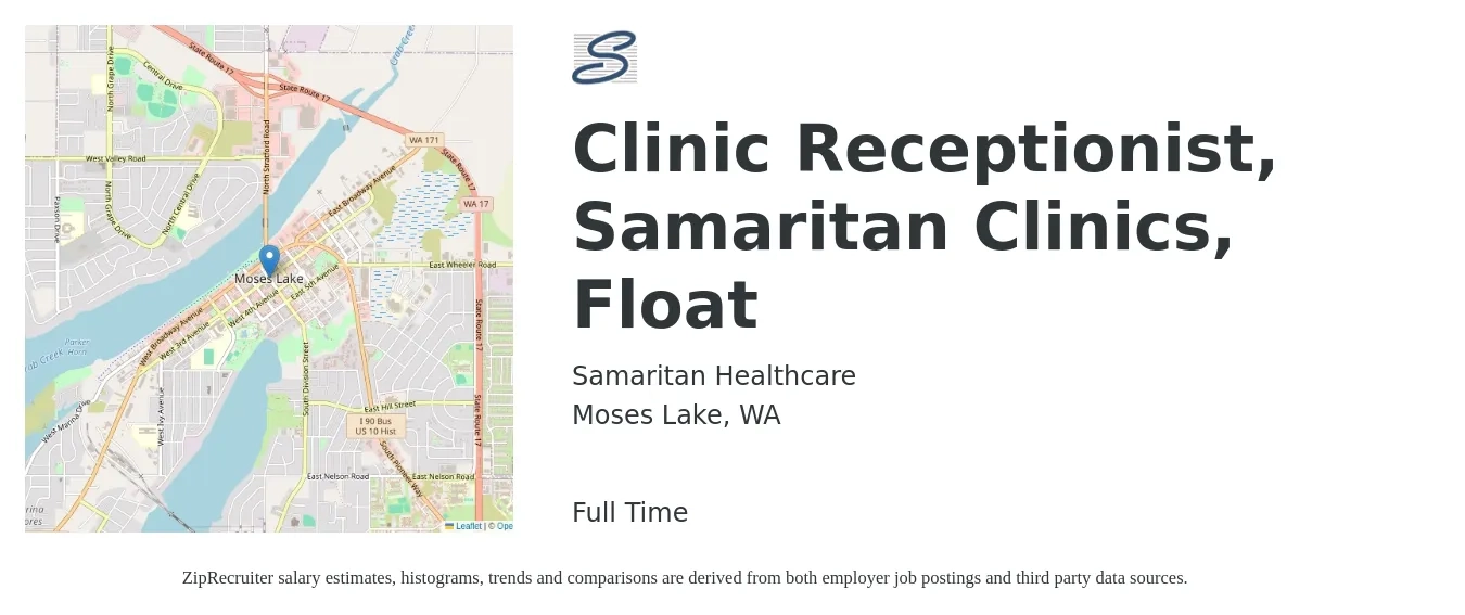 Samaritan Healthcare job posting for a Clinic Receptionist, Samaritan Clinics, Float in Moses Lake, WA with a salary of $16 to $22 Hourly with a map of Moses Lake location.