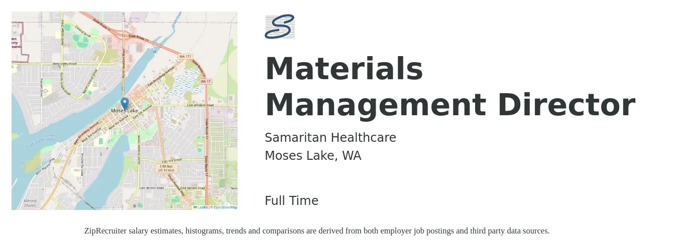 Samaritan Healthcare job posting for a Materials Management Director in Moses Lake, WA with a salary of $80,800 to $157,400 Yearly with a map of Moses Lake location.