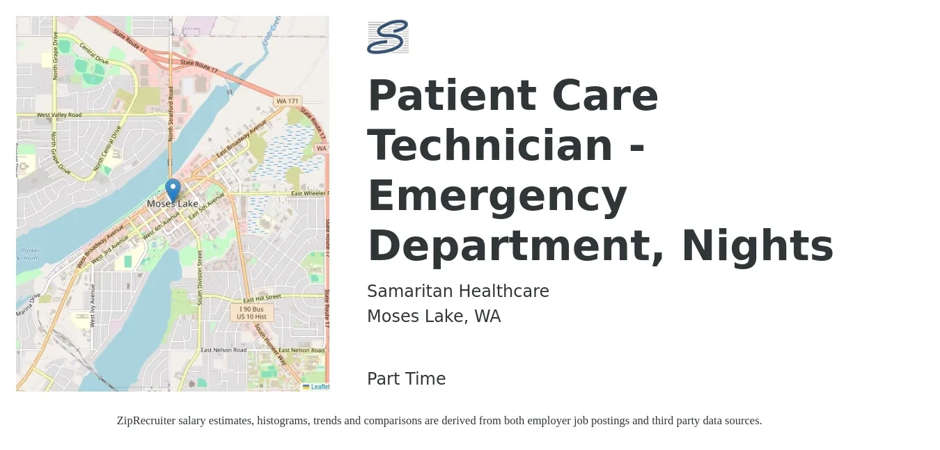 Samaritan Healthcare job posting for a Patient Care Technician - Emergency Department, Nights in Moses Lake, WA with a salary of $18 to $28 Hourly with a map of Moses Lake location.