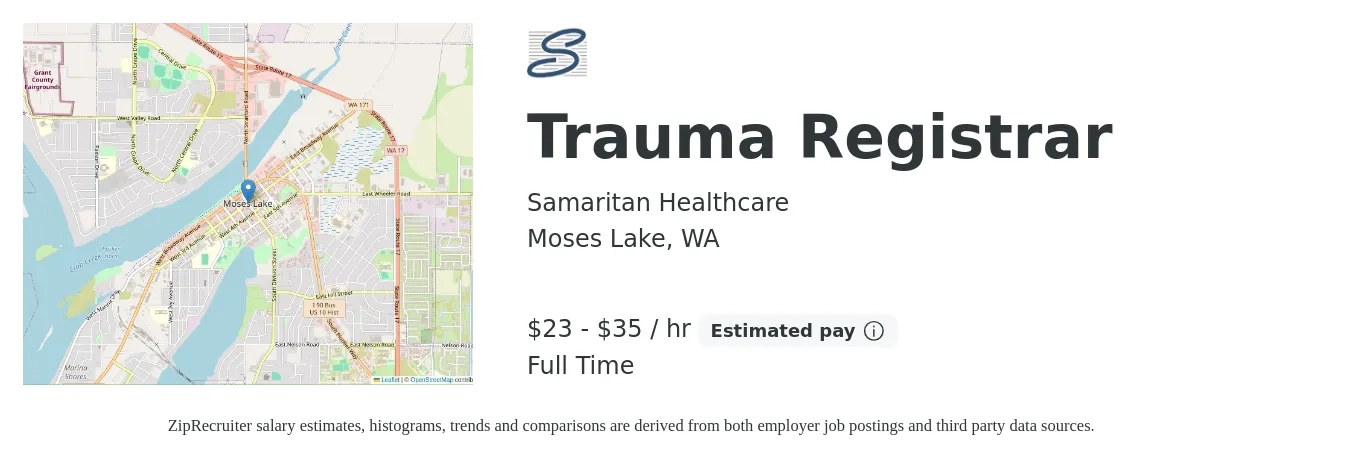 Samaritan Healthcare job posting for a Trauma Registrar in Moses Lake, WA with a salary of $24 to $35 Hourly with a map of Moses Lake location.