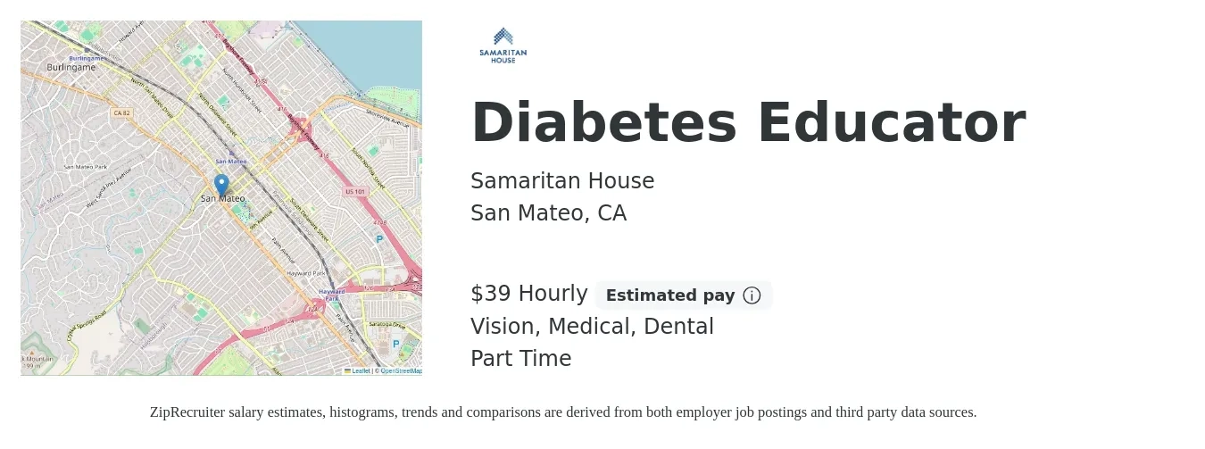 Samaritan House job posting for a Diabetes Educator in San Mateo, CA with a salary of $41 Hourly and benefits including dental, life_insurance, medical, retirement, and vision with a map of San Mateo location.