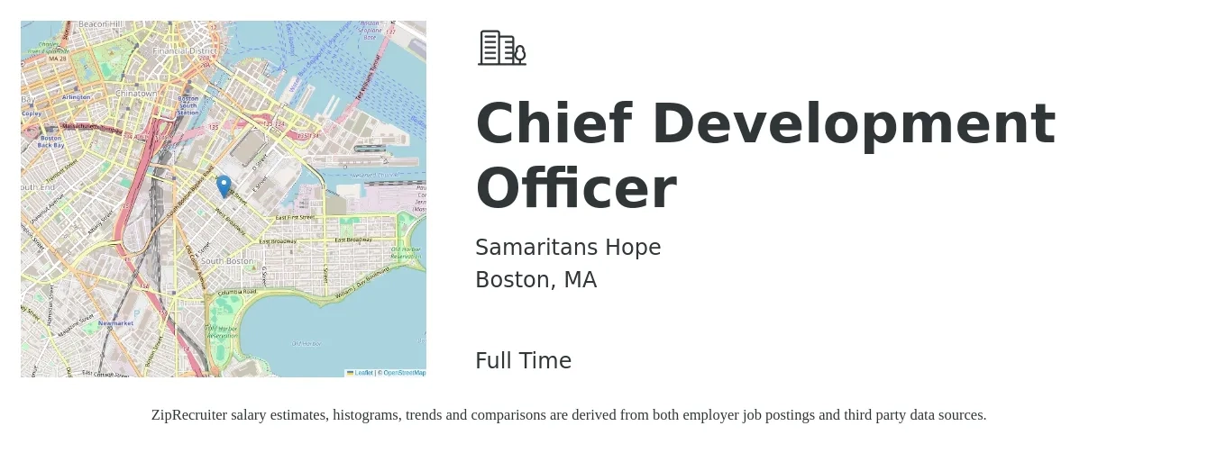 Samaritans Hope job posting for a Chief Development Officer in Boston, MA with a salary of $108,400 to $174,300 Yearly with a map of Boston location.
