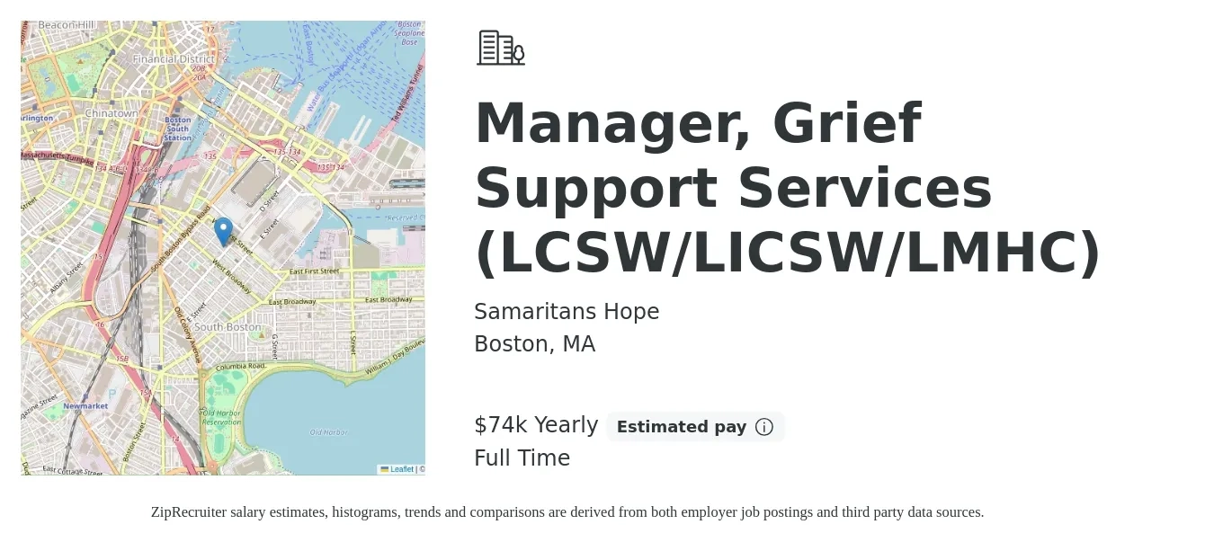 Samaritans Hope job posting for a Manager, Grief Support Services (LCSW/LICSW/LMHC) in Boston, MA with a salary of $74,000 Yearly with a map of Boston location.