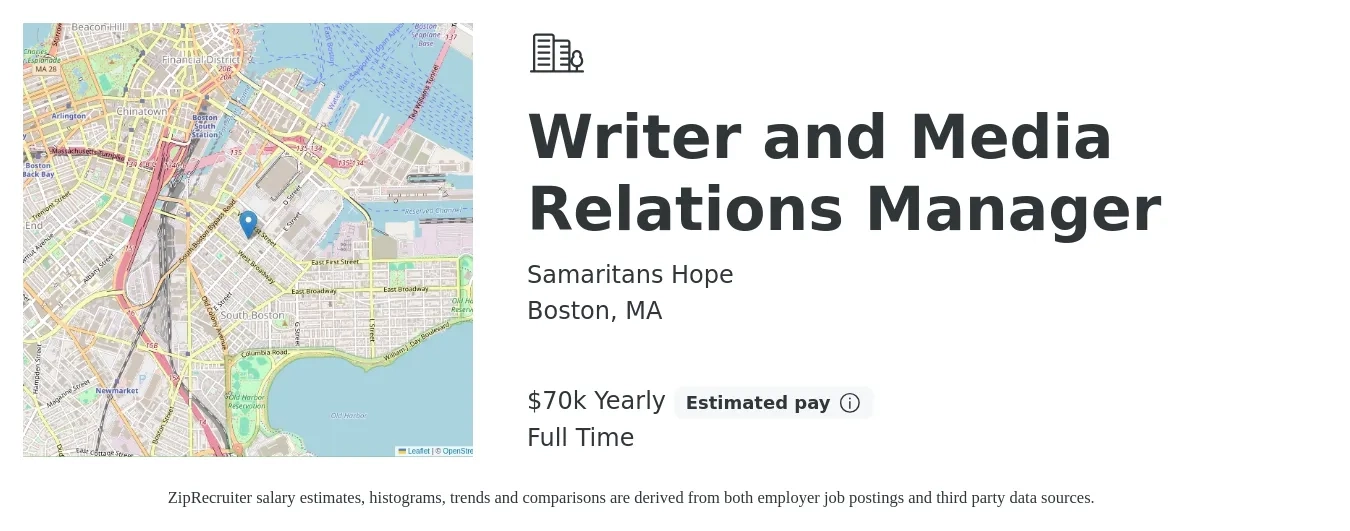 Samaritans Hope job posting for a Writer and Media Relations Manager in Boston, MA with a salary of $70,000 Yearly with a map of Boston location.